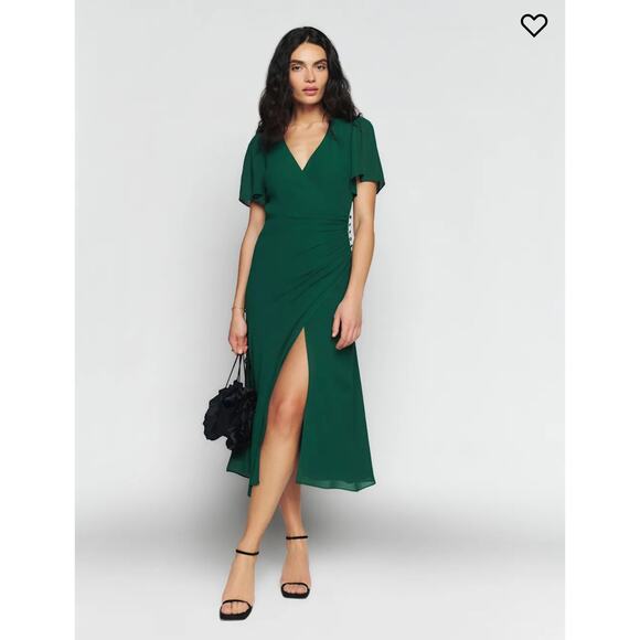 NWT Reformation Breanna Gathered Waist V Neck Flowy Dress in Emerald Green Sz 0 - Picture 1 of 6